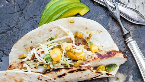 Grilled Chicken Tacos with Mango Pistachio Slaw